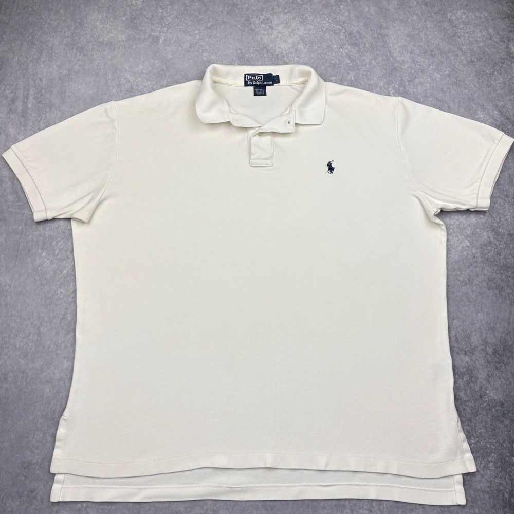 Vintage Polo Ralph Lauren Mens Large Ivory Pique Polo Shirt Made in Hong Kong 90